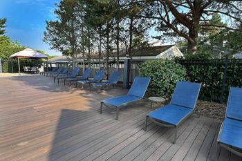 A row of blue lounge chairs on a wooden deck